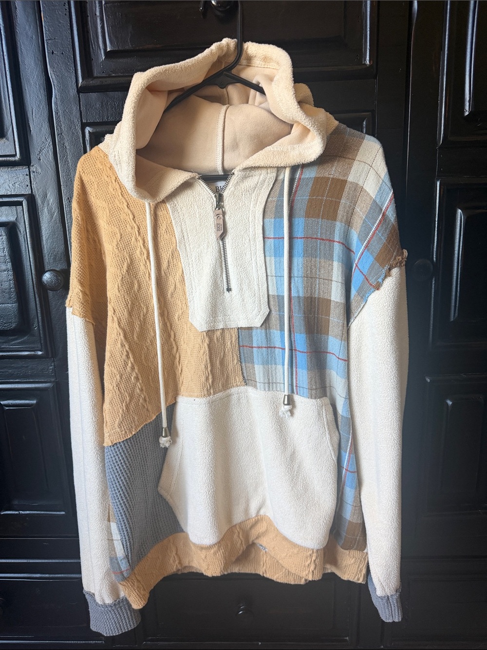 BKE women’s Patchwork Hooded Sweater in Cream & Tan